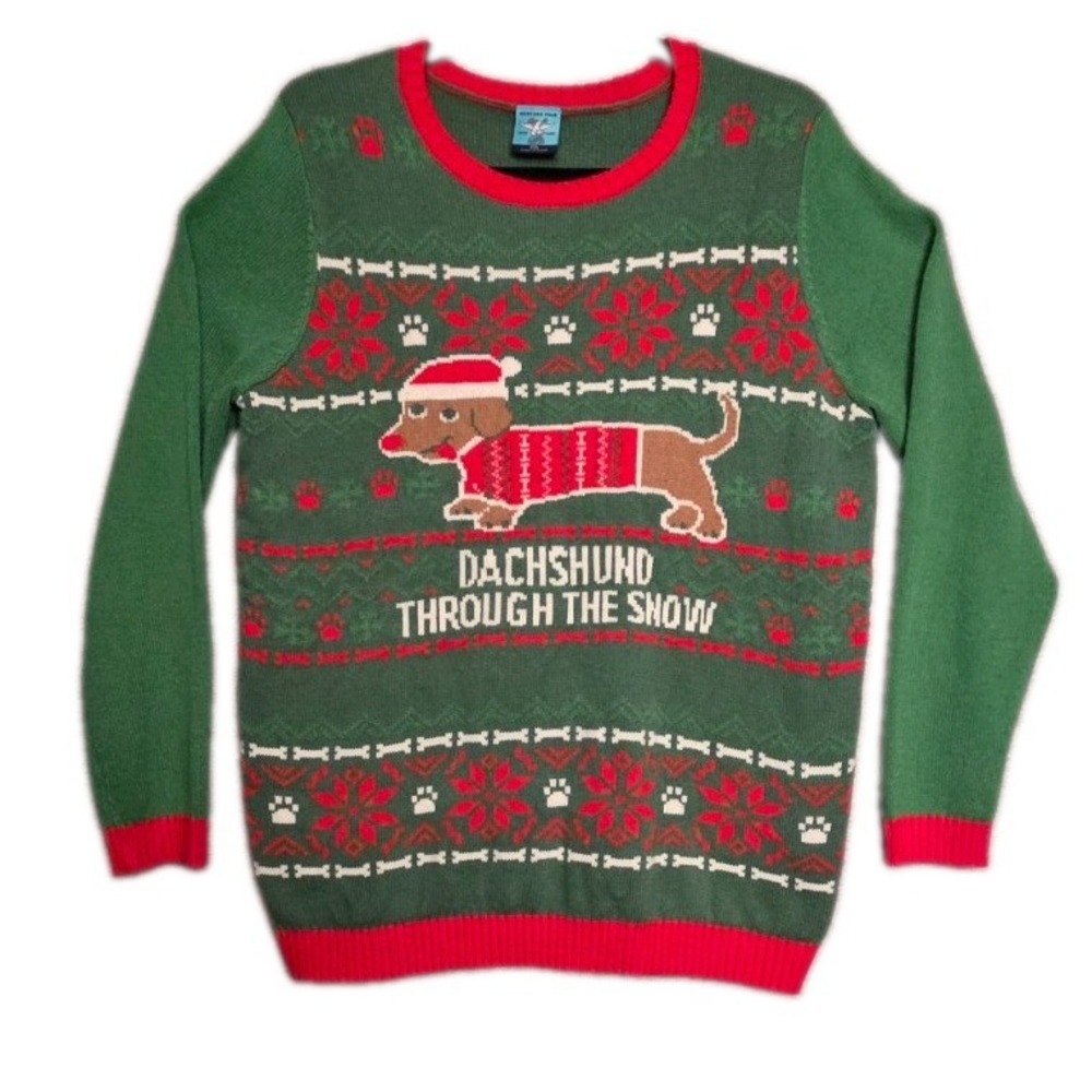 Norther Pole Ugly Sweater Womens 2XL Holiday Green Knit Dachshund Snow Christmas
